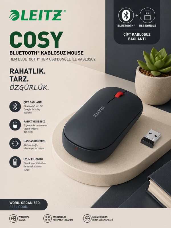 Leitz Cosy Kablosuz Mouse Gri - (Bluetooth & USB) – Ergonomik, Çoklu Bağlantı