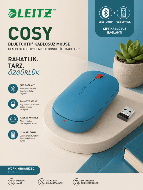 Leitz Cosy Kablosuz Mouse Mavi (Bluetooth & USB) – Ergonomik, Çoklu Bağlantı