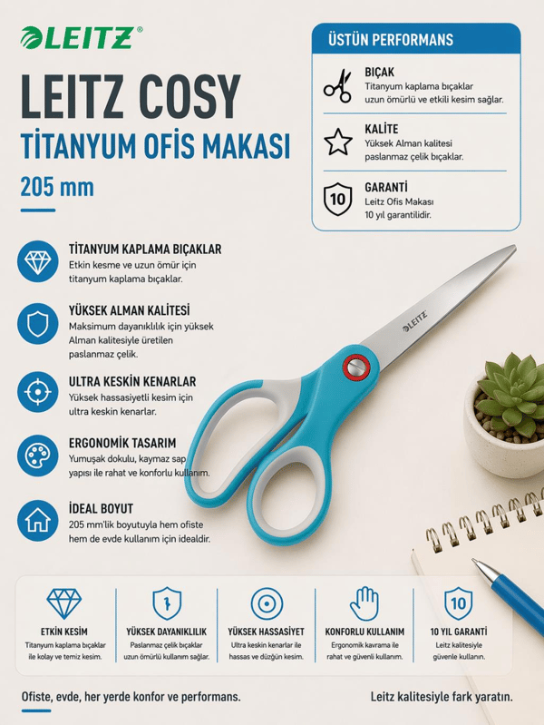 Leitz Cosy Titanyum Premium Ofis Makası Mavi - KOD:53320061