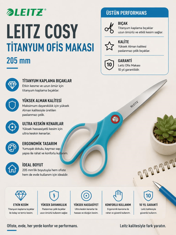 Leitz Cosy Titanyum Premium Ofis Makası Mavi - KOD:53320061