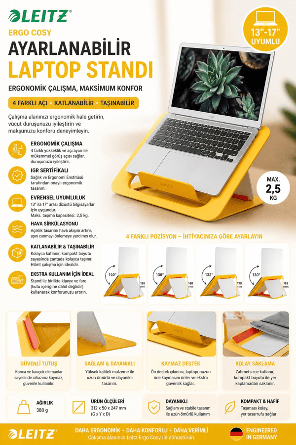 Leitz Ergo Cosy Ayarlanabilir Laptop Standı Sarı - KOD:64260019