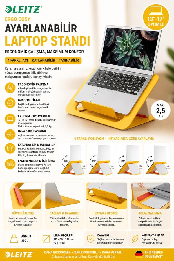 Leitz Ergo Cosy Ayarlanabilir Laptop Standı Sarı - KOD:64260019