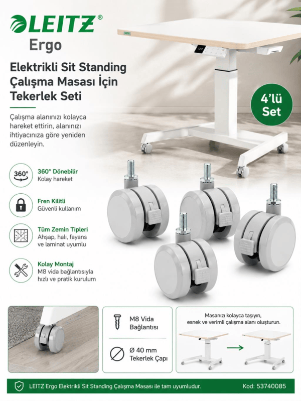 Leitz Ergo Elektrikli Sit Standing Çalışma Masası İçin Tekerlek Seti (4'lü) - Gri | 53740085