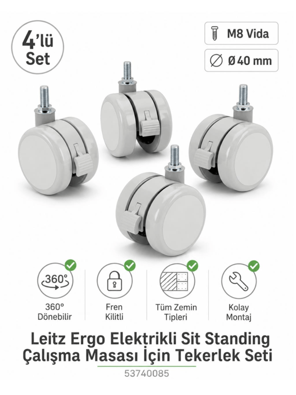Leitz Ergo Elektrikli Sit Standing Çalışma Masası İçin Tekerlek Seti (4'lü) - Gri | 53740085