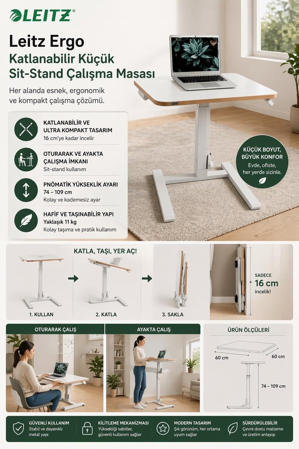 Leitz Ergo Katlanabilir Küçük Sit-Stand Çalışma Masası - LOD:65880001
