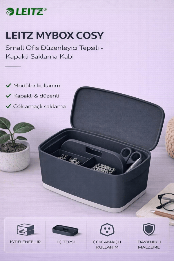 Leitz MyBox Cosy Small Ofis Düzenleyici Tepsili - Kapaklı Saklama Kabı - Gri