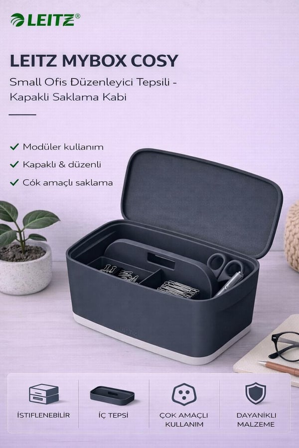 Leitz MyBox Cosy Small Ofis Düzenleyici Tepsili - Kapaklı Saklama Kabı - Gri