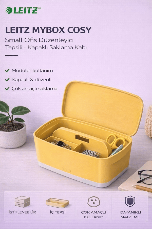 Leitz MyBox Cosy Small Ofis Düzenleyici Tepsili - Kapaklı Saklama Kabı - Sarı