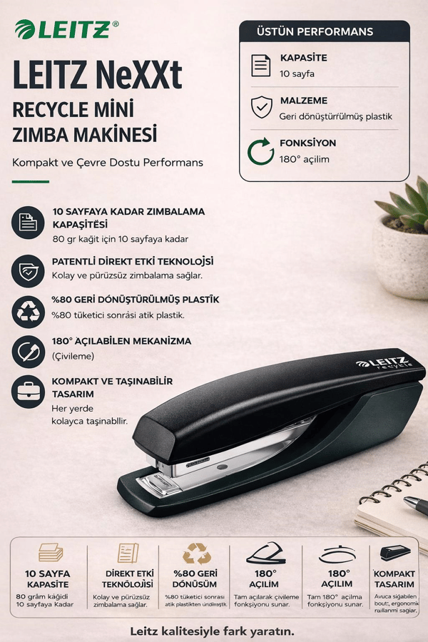 Leitz NeXXt Recycle Mini Zımba Makinası - CO2 nötr