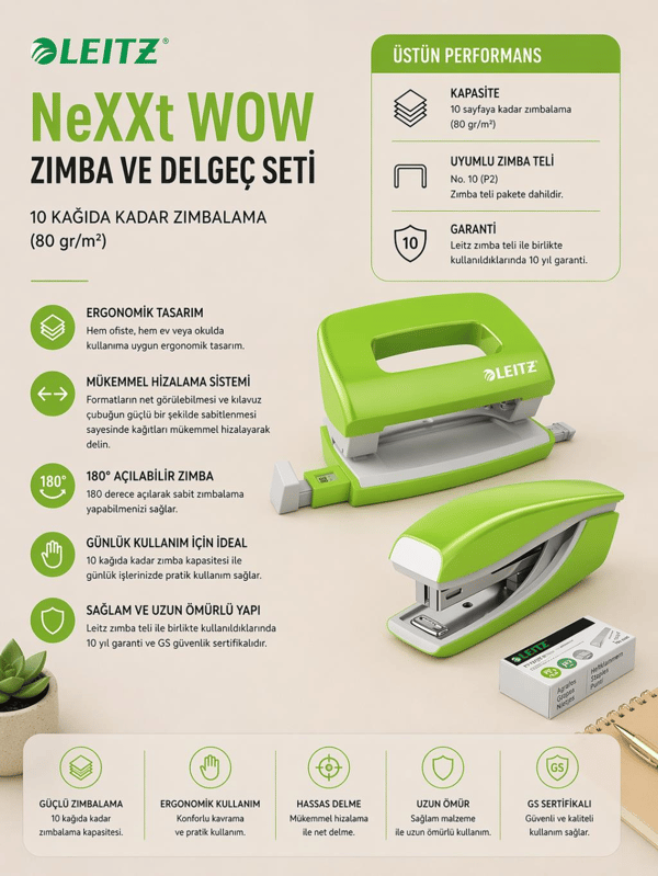 Leitz NeXXt WOW Mini Zımba ve Delgeç Seti - Yeşil - KOD:55612054