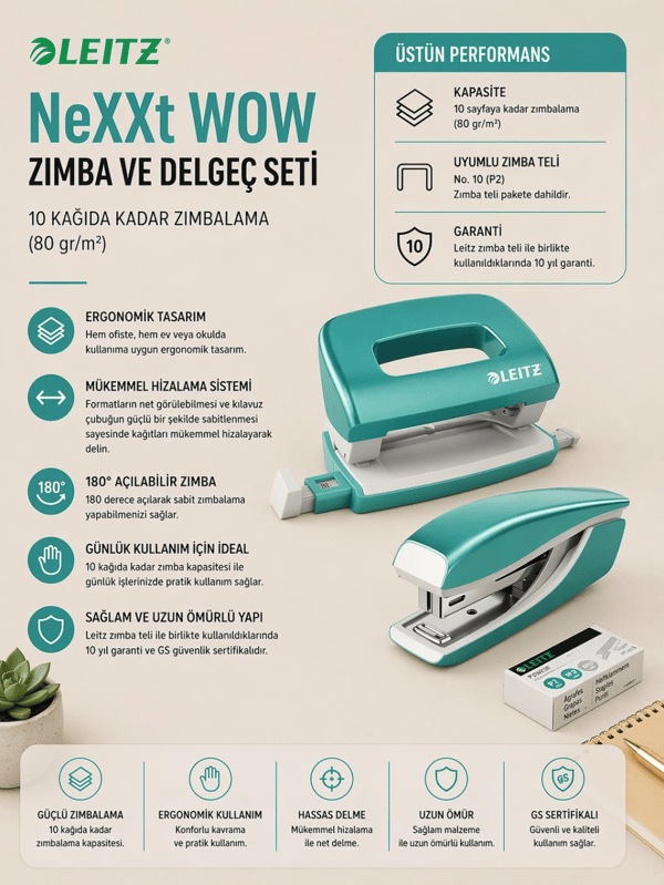 Leitz NeXXt WOW Mini Zımba ve Delgeç Seti - Buz Mavisi - KOD:55612051