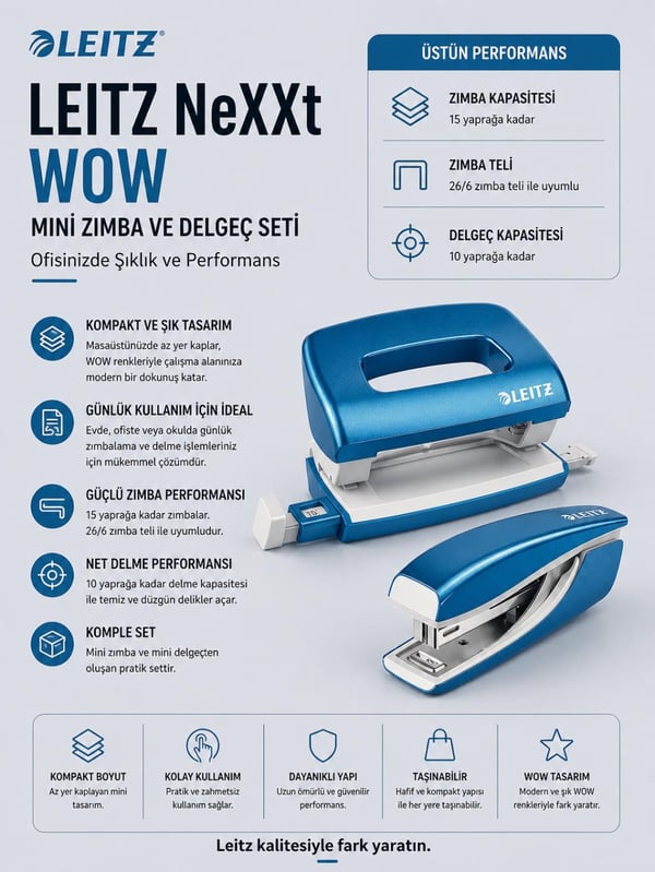 Leitz NeXXt WOW Mini Zımba ve Delgeç Seti - Mavi - KOD:55612036