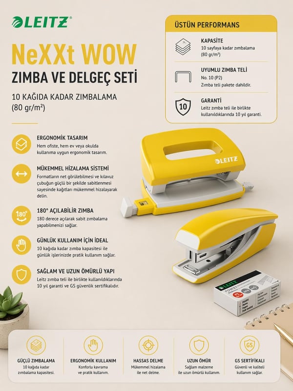 Leitz NeXXt WOW Mini Zımba ve Delgeç Seti - Sarı - KOD:55612016