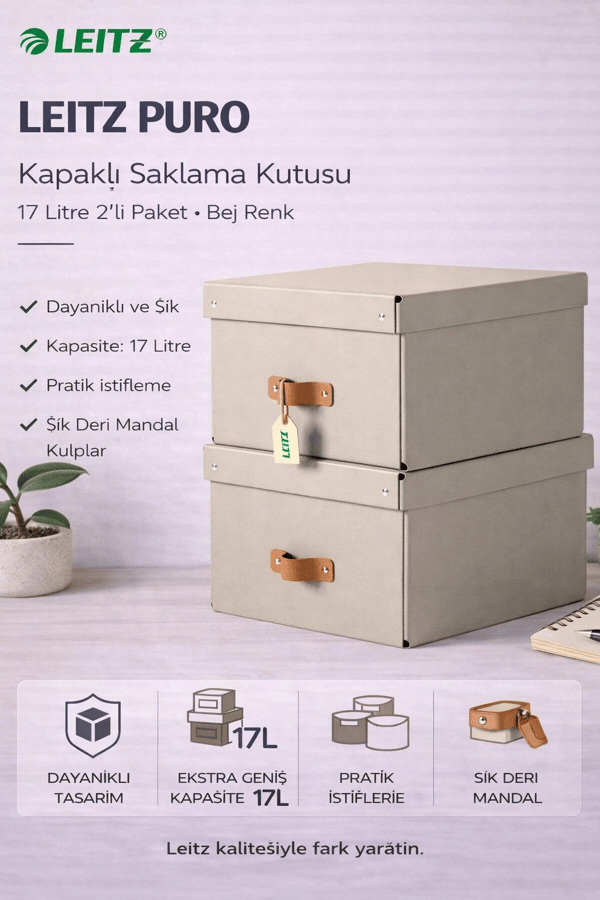 Leitz Puro Kapaklı Saklama Kutusu 17 Litre 2'li Paket Bej Renk