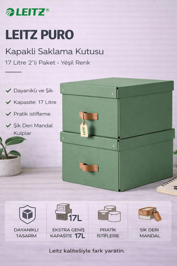Leitz Puro Kapaklı Saklama Kutusu 17 Litre 2'li Paket Yeşil Renk