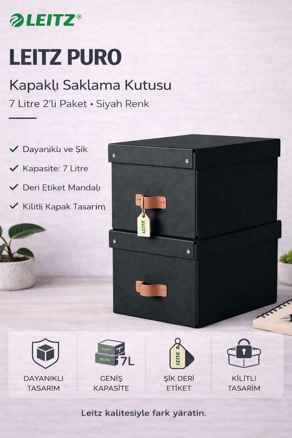 Leitz Puro Kapaklı Saklama Kutusu 7 Litre 2'li Paket Siyah  Renk - KOD:61470095