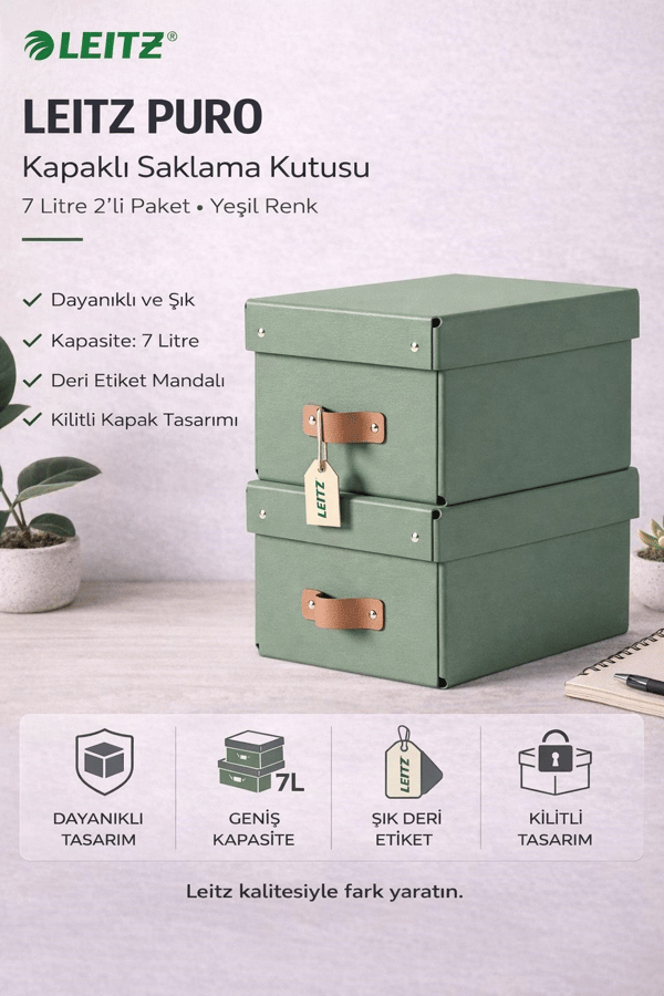 Leitz Puro Kapaklı Saklama Kutusu 7 Litre 2'li Paket Yeşil  Renk - KOD:61470050