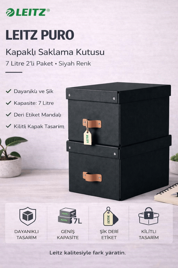 Leitz Puro Kapaklı Saklama Kutusu 7 Litre 2'li Paket Siyah  Renk - KOD:61470095