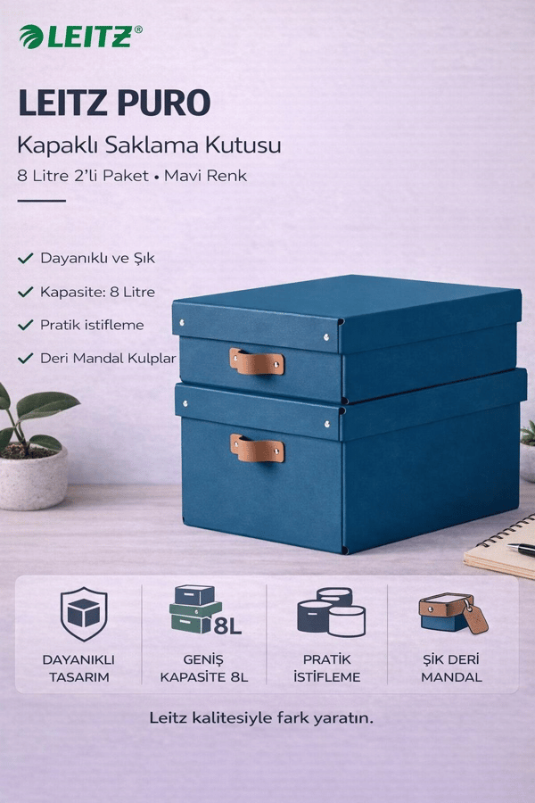 Leitz Puro Kapaklı Saklama Kutusu 8 Litre 2'li Paket Mavi Renk - KOD:61480068