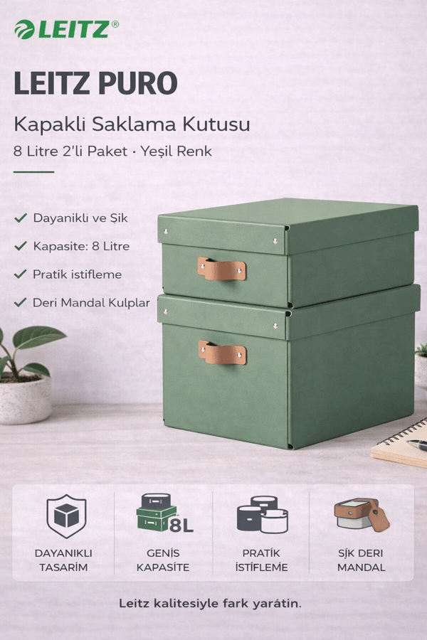 Leitz Puro Kapaklı Saklama Kutusu 8 Litre 2'li Paket Yeşil Renk - KOD:61480050