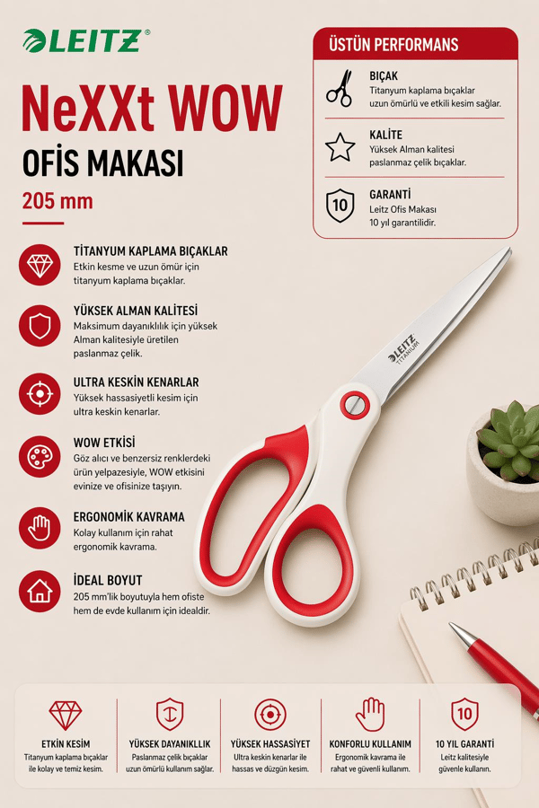 Leitz WOW Titanyum Ofis Makası 205mm Metalik Kırmızı - KOD:53192026