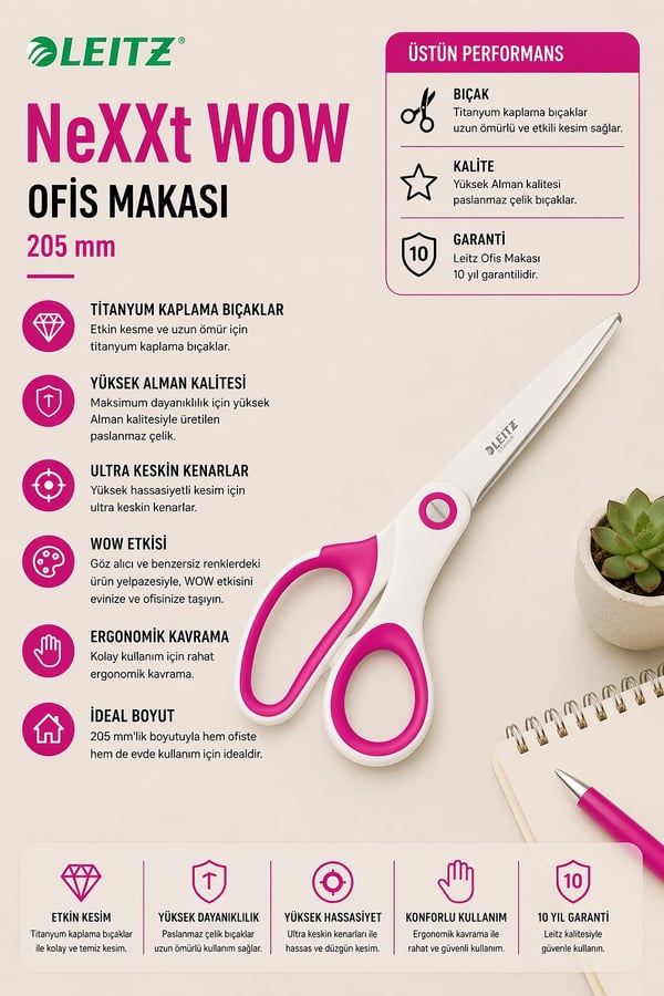 Leitz WOW Titanyum Ofis Makası 205mm Metalik Pembe - KOD:53192023
