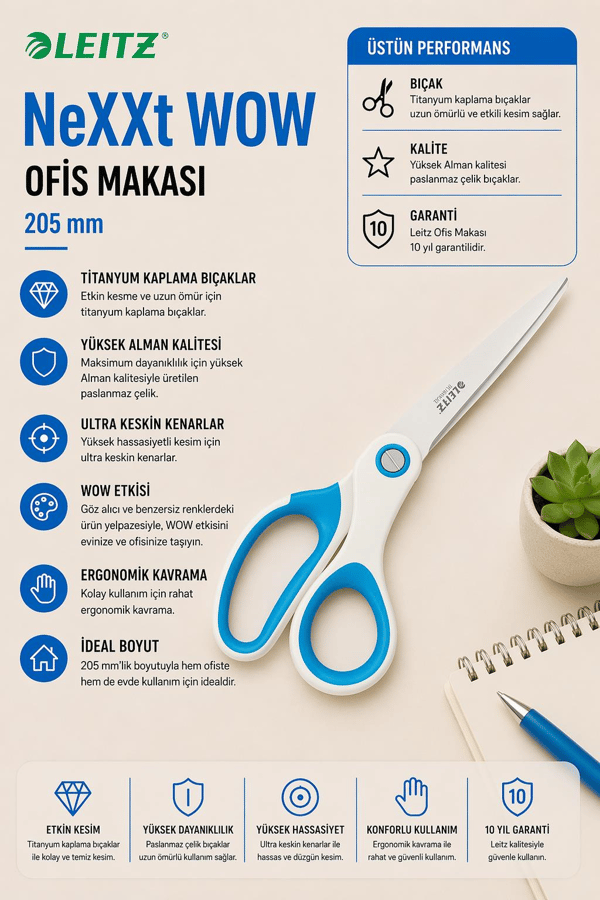 Leitz WOW Titanyum Ofis Makası 205mm Metalik Mavi - KOD:53192036