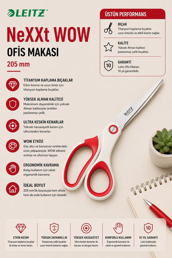 Leitz WOW Titanyum Ofis Makası 205mm Metalik Kırmızı - KOD:53192026