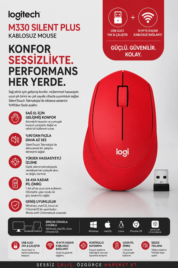 Logitech 910-004911 M330 Silent Sessiz Plus Kablosuz Red Kırmızı Mouse