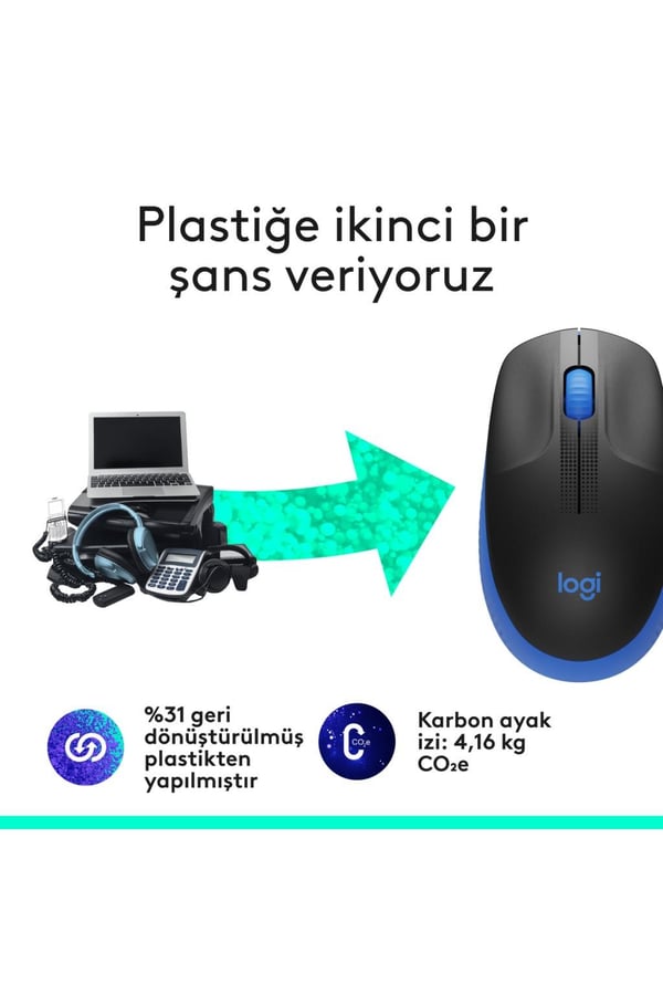 Logitech 910-005909 M191 Mavi Büyük Boy Kablosuz Mouse Optik 1000 Dpı Buton