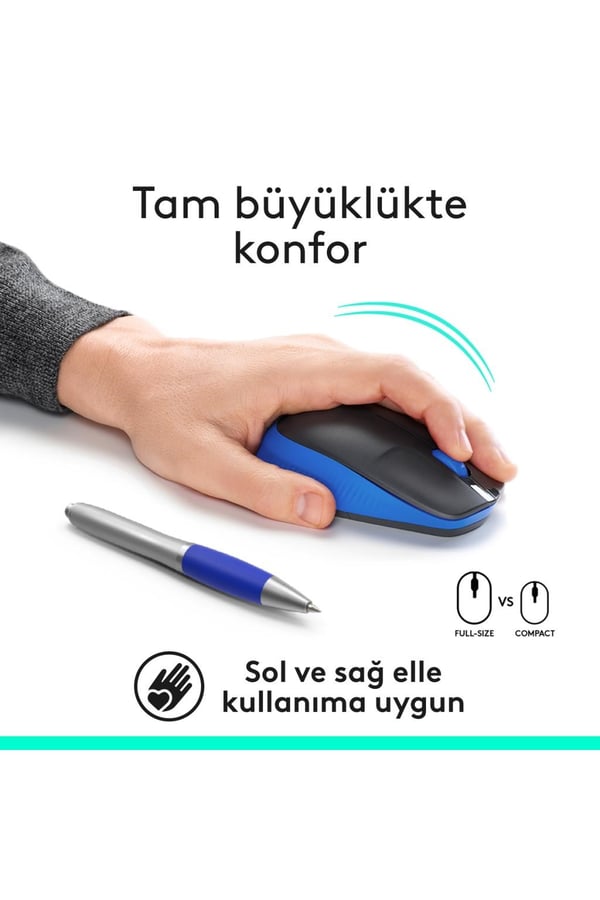 Logitech 910-005909 M191 Mavi Büyük Boy Kablosuz Mouse Optik 1000 Dpı Buton