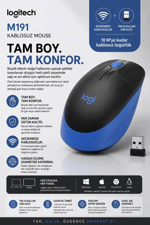 Logitech 910-005909 M191 Mavi Büyük Boy Kablosuz Mouse Optik 1000 Dpı Buton