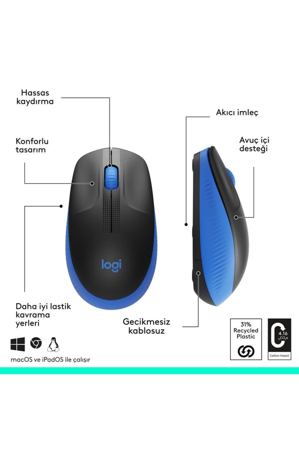 Logitech 910-005909 M191 Mavi Büyük Boy Kablosuz Mouse Optik 1000 Dpı Buton