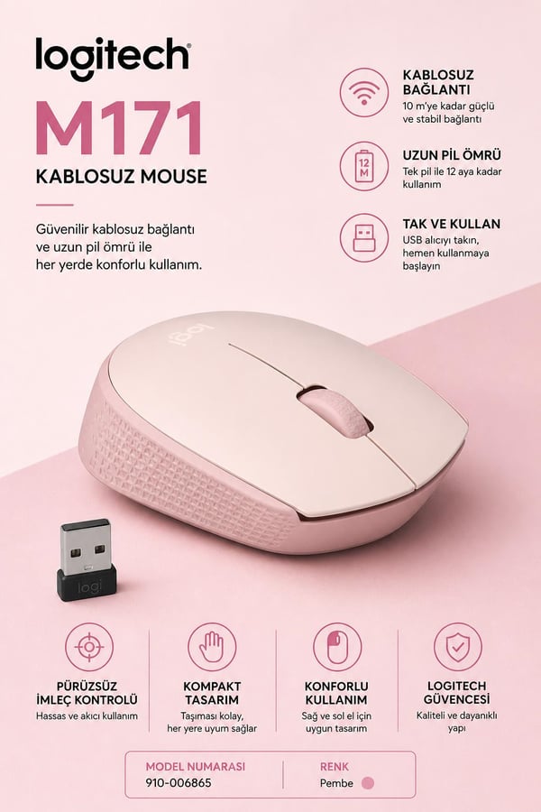 Logitech 910-006865 M171 Kablosuz Pembe Mouse
