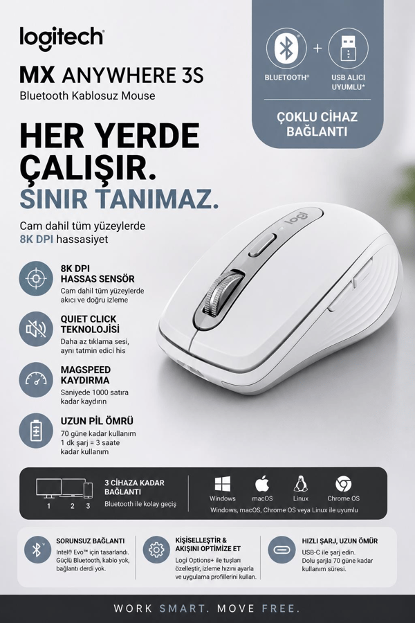 Logitech 910-006930 MX Anywhere 3S Beyaz Bluetooth Lazer Mouse