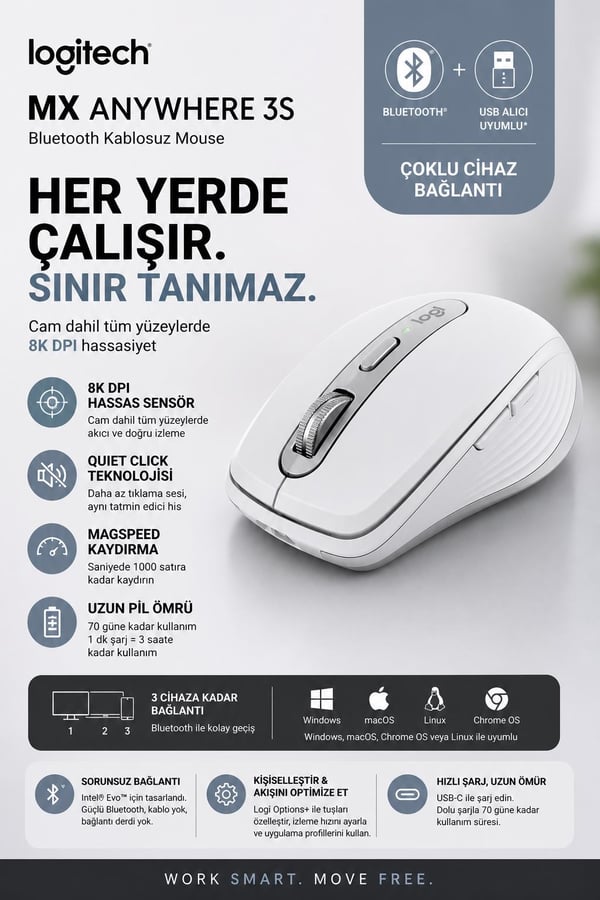 Logitech 910-006930 MX Anywhere 3S Beyaz Bluetooth Lazer Mouse
