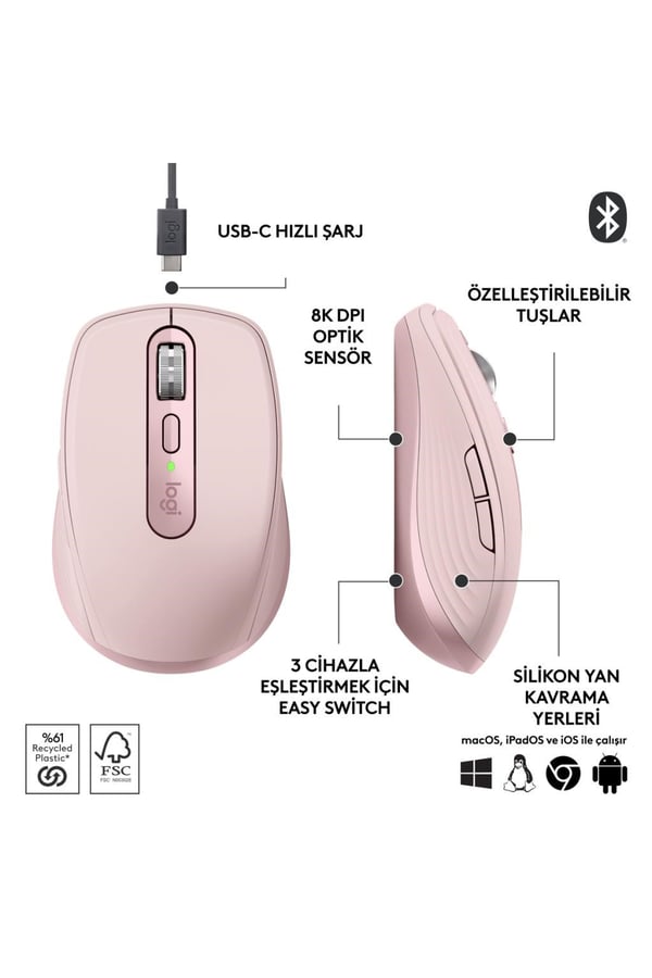 Logitech 910-006931 MX Anywhere 3S Rose Bluetooth Lazer Mouse