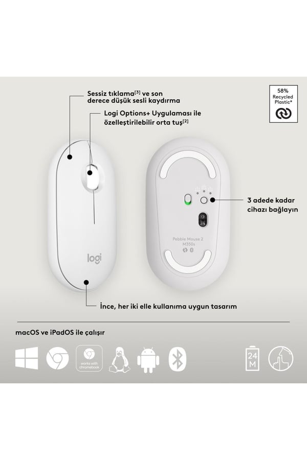 Logitech 910-007013 M350S Pebble 2 Beyaz Bluetooth Optik Mouse