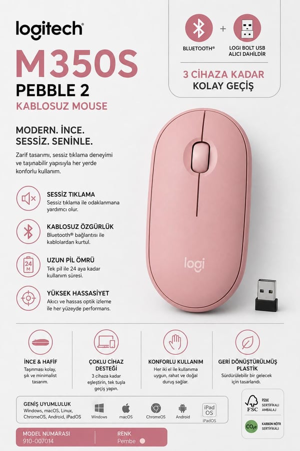 Logitech 910-007014 M350S Pebble 2 Pembe Bluetooth Optik Mouse