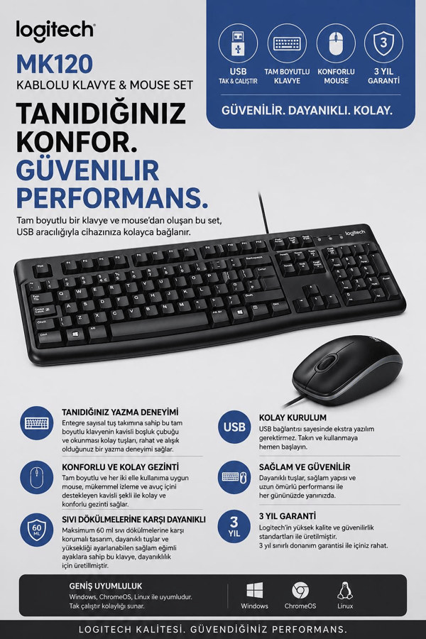 Logitech 920-002560 MK120 Q Usb Standart Kablolu Klavye Mouse Set