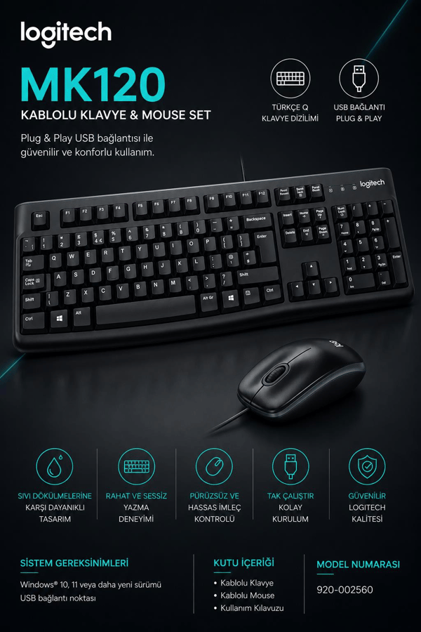 Logitech 920-002560 MK120 Q Usb Standart Kablolu Klavye Mouse Set