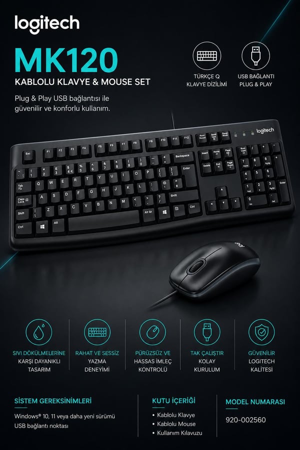 Logitech 920-002560 MK120 Q Usb Standart Kablolu Klavye Mouse Set