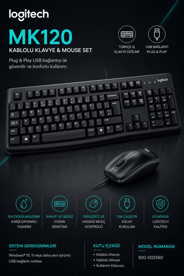 Logitech 920-002560 MK120 Q Usb Standart Kablolu Klavye Mouse Set