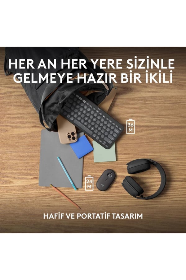 Logitech 920-012245 Grafit Pebble 2 Combo Çoklu Sessiz Kablosuz Türkçe Q Klavye Mouse Seti