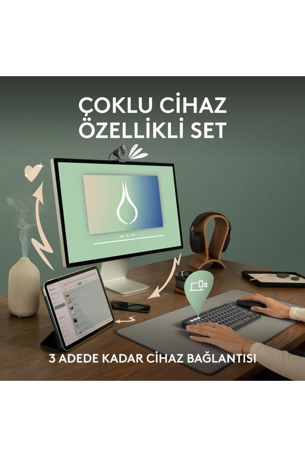 Logitech 920-012245 Grafit Pebble 2 Combo Çoklu Sessiz Kablosuz Türkçe Q Klavye Mouse Seti