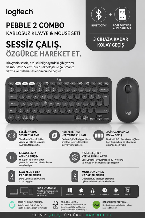 Logitech 920-012245 Grafit Pebble 2 Combo Çoklu Sessiz Kablosuz Türkçe Q Klavye Mouse Seti