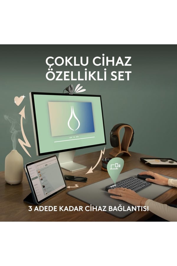 Logitech 920-012245 Grafit Pebble 2 Combo Çoklu Sessiz Kablosuz Türkçe Q Klavye Mouse Seti