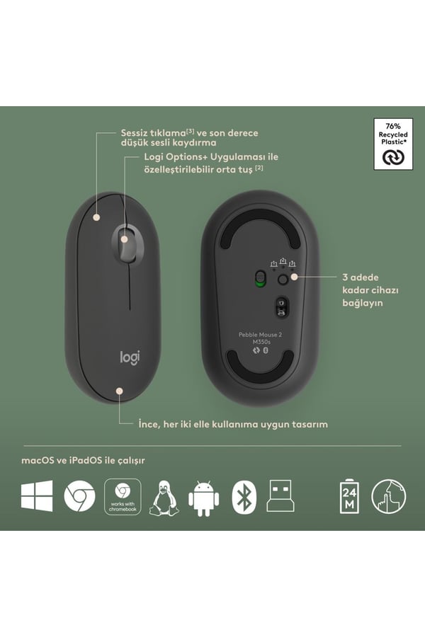 Logitech 920-012245 Grafit Pebble 2 Combo Çoklu Sessiz Kablosuz Türkçe Q Klavye Mouse Seti