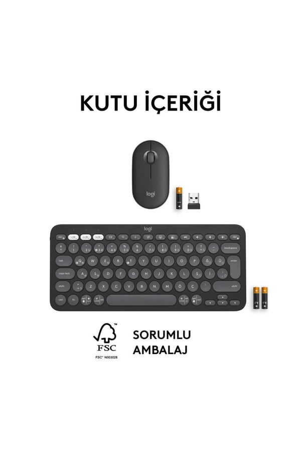 Logitech 920-012245 Grafit Pebble 2 Combo Çoklu Sessiz Kablosuz Türkçe Q Klavye Mouse Seti