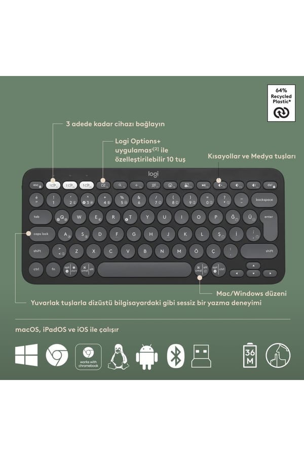 Logitech 920-012245 Grafit Pebble 2 Combo Çoklu Sessiz Kablosuz Türkçe Q Klavye Mouse Seti